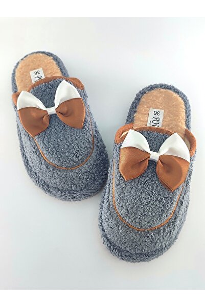 Bİ AYAKKABI Gri Papyon Fiyonk Peluş Kışlık Kadın Terlik