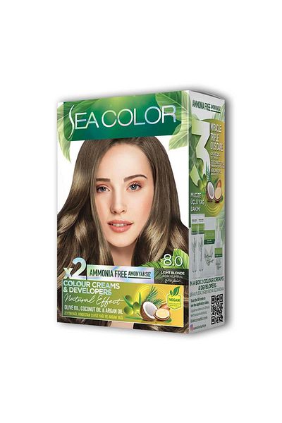 Sea Color مجموعة صبغات شعر كريمية بلون بني فاتح مكونة من أنبوبين - رقم: 8.0