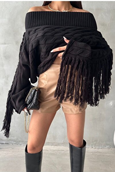 vuvutasarım Střapec Detailní Široký rukáv Boat Neck Dlouhý rukáv Crop Strih Černý pletený svetr 1276