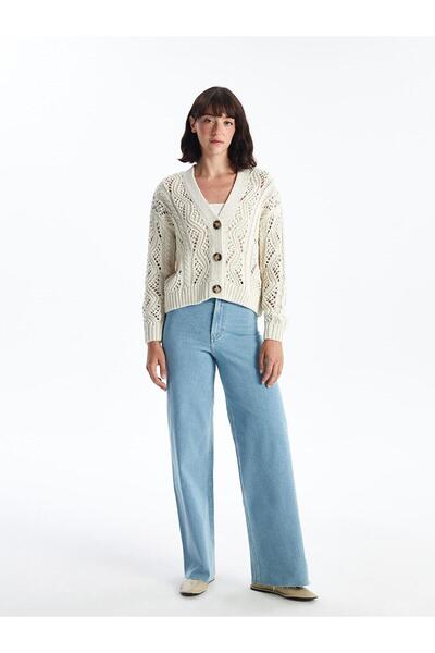 LC Waikiki LCW Vision V-Neck Openwork Long Sleeve Women's Knitwear Cardigan