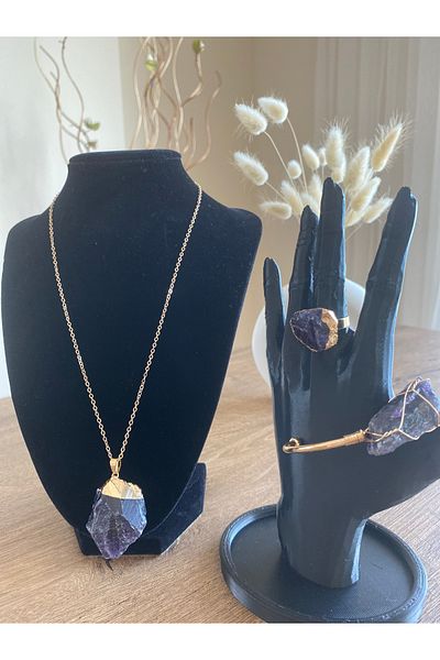 Store Raw Amethyst Necklace Bracelet Ring 3 Pieces Jewelry Set