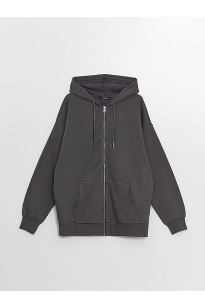 LC Waikiki Xside Hooded Plain Long Sleeve Oversize Women's Zip-Up Sweatshirt
