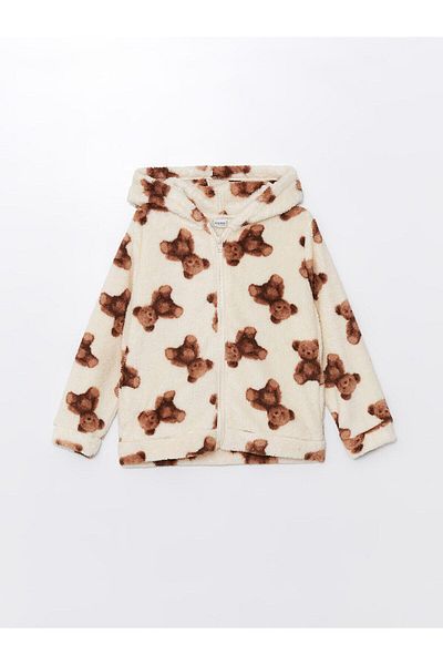 LC Waikiki Lcw Kids Printed Hooded Printed Long Sleeve Girl's Zip-Up Sweatshirt
