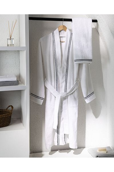 Madame Coco Rouen 100% Cotton Unisex Bathrobe - White/Navy Blue - Luxury Collection