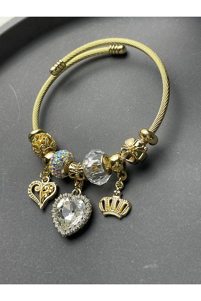 Poison Accessories 's Heart Detailed White Zircon Stone Gold Steel Bracelet