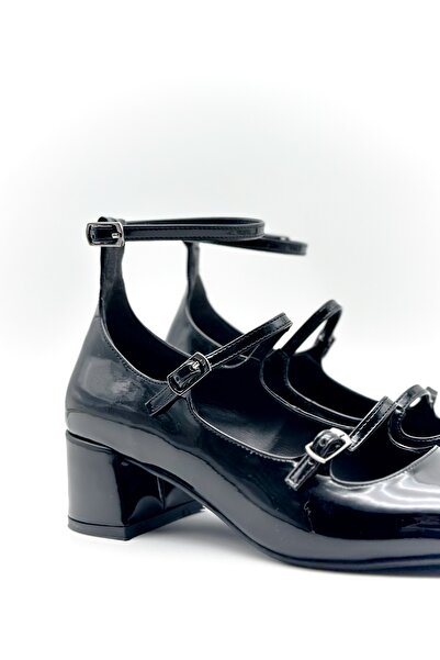 Shoebutik Charlize Black Patent Leather Three-Stripe Detail Women's Heeled Shoes