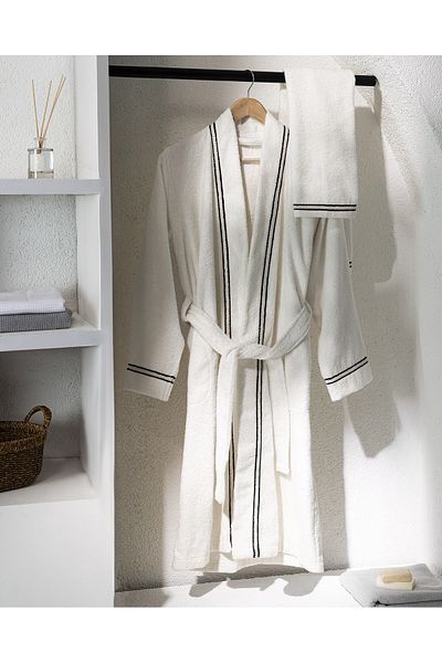 Madame Coco Rouen 100% Cotton Unisex Bathrobe - Ecru/Black - Luxury Collection