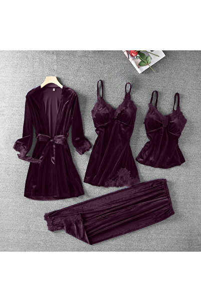 moda4b Kadife Dantelli Dörtlü Gecelik Sabahlık Takımı 44444 Mor
