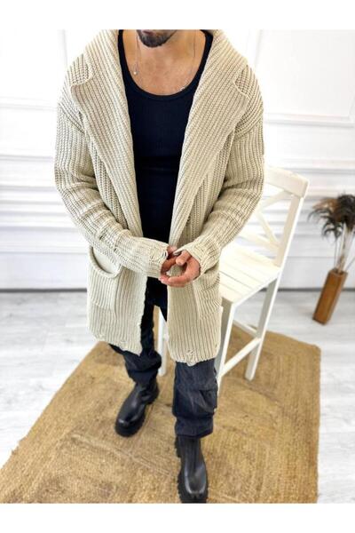 elkumoda Laser Cut Natural Cotton Knitwear Cardigan - Long Poncho with Hood a...