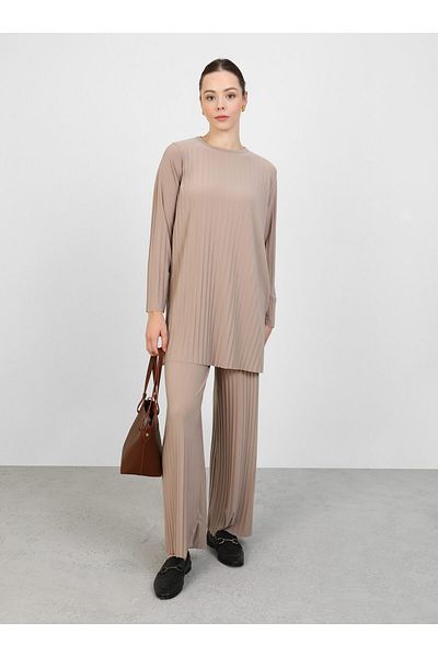 Refka Beige Sandy Fabric Pleated Set - Refka