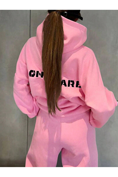 Cool Art I Dont Care Sweatshirt Eşofman Altı Jogger - Pembe Baskılı Eşofman Takımı Kapüşonlu