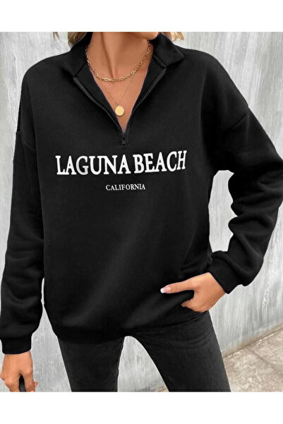 SeusCraft Φούτερ Laguna Beach Half Zipper - Μαύρο εμπριμέ υπερμεγέθη όρθιο γιακά
