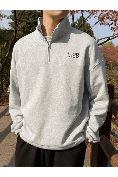 SeusCraft Φούτερ με φερμουάρ 1988 - Γκρι με στάμπα, υπερμεγέθης όρθιος γιακάς