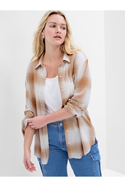 GAP Kadın Bej Relaxed Flannel Easy Ekose Gömlek