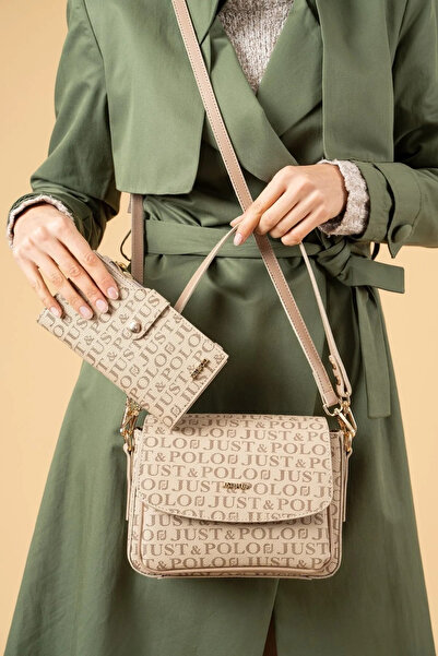 Just Polo حقيبة كتف نسائية متوسطة الحجم مكونة من 3 أقسام وحزامين ومحفظة