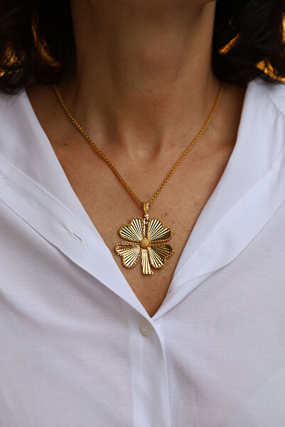 Yenigün Kuyumculuk 14 Ayar Altın Işıltılı Yonca Kolye Ucu Büyük