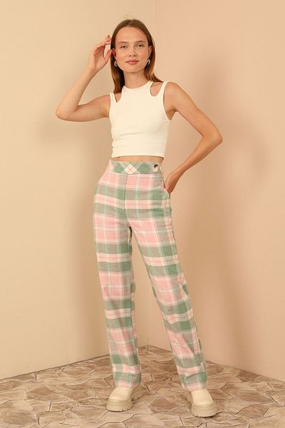 Lukas Plaid Fabric Comfortable Fit Women's Trousers Pink