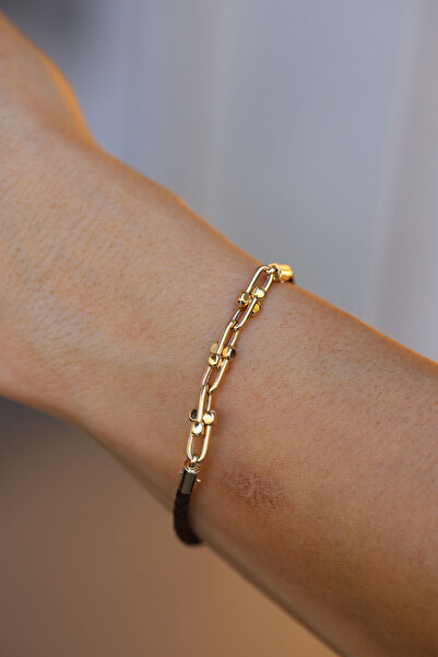 Yenigün Kuyumculuk 14 Ayar Altın Ataç Detaylı Derili Unisex Bileklik