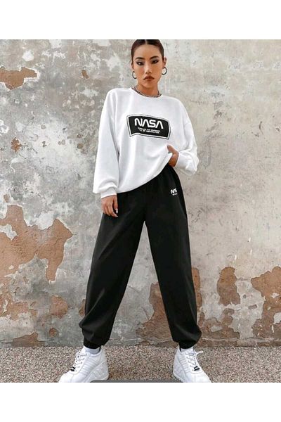 MODARİCH Nasa Design - White Black Jogger Tracksuit Set Crew Neck