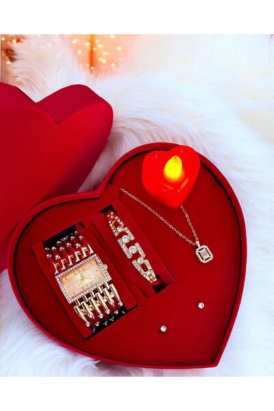 Has Gold Kaburga Saat Kalp Kutu Kadın Hediye Set
