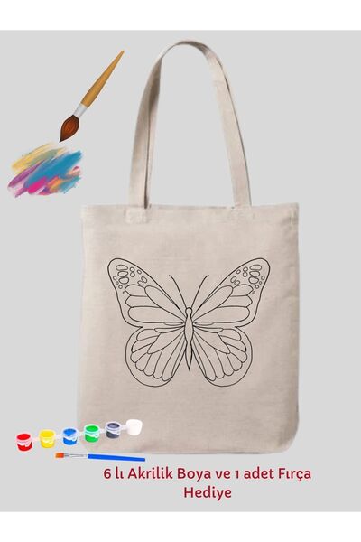 Cemira Mandala Kelebek Boyama Çantası Hobi 35*40 cm Ham Bez Çanta Boyama