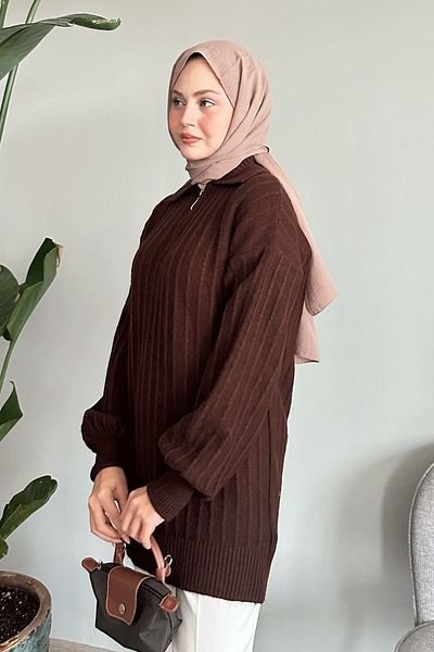 InStyle Zippered Plush Bitter Brown Knitwear Sweater