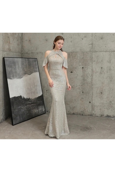 elissaa Halter yaka pul payet abiye elbise