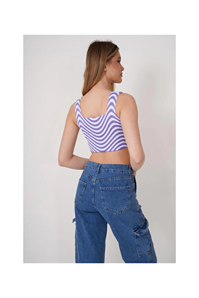 Cotton Mood 23256429 Lila - Knitwear Zebra Patterned Square Collar Crop Tank Top