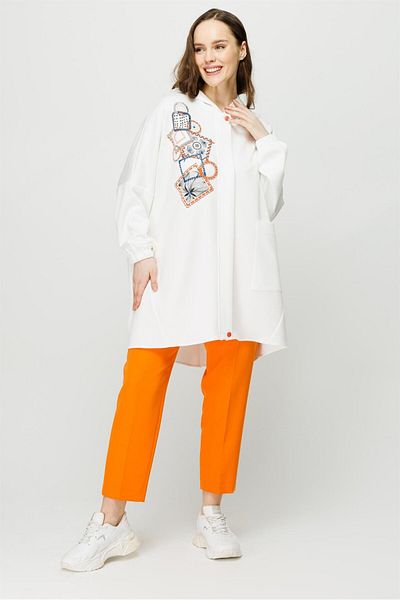 Esswaap Trend Print Detailed Hooded Oversize Tunic Ecru