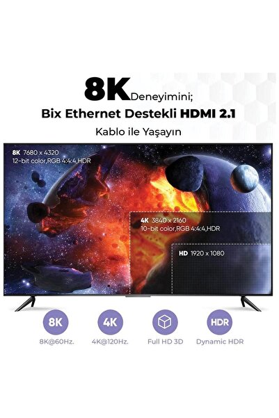 Bix Premium 8k@60hz 4k@120hz Earc Yüksek Hızlı Hdmı 2.1 Kablo 5 Metre