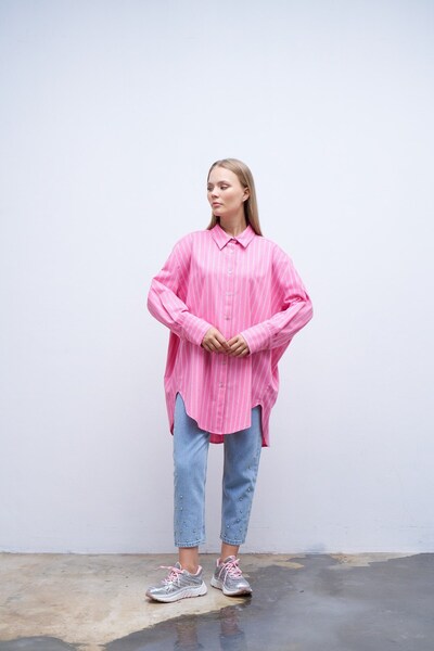 QANU Ροζ ριγέ πουκάμισο oversize