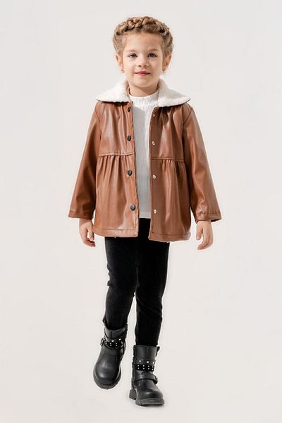 Minigimin Cicileri Girl's Welsoft Leather Coat My Little Flowers Set - Brown