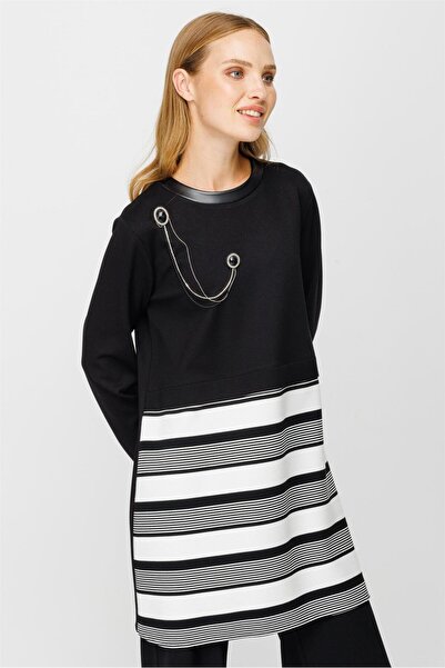 Esswaap Yaka Broşlu Siyah Beyaz Garnili Tunik Siyah