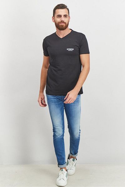 Iceberg Men V-neck Short Sleeve Brand Logo T-shirt, Black