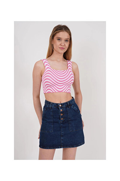 Cotton Mood 23256429 - Pink Knitwear Zebra Patterned Square Collar Crop Tank Top