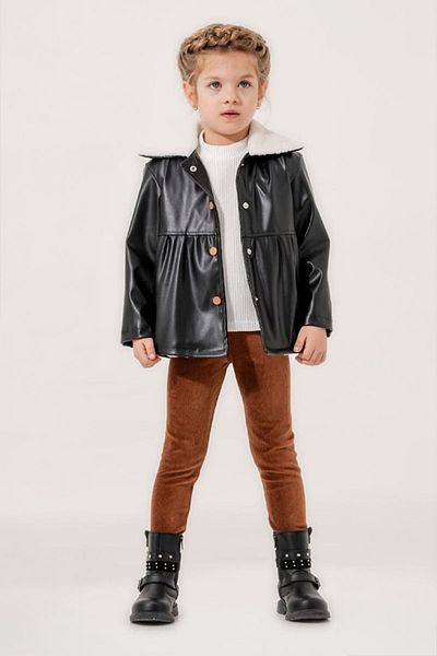 Minigimin Cicileri Girl's Black Baby's Flowers Welsoft Leather Coat Set