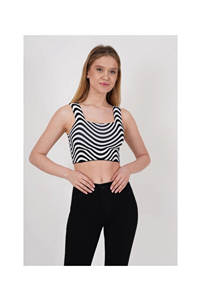Cotton Mood 23256429 - Zebra Patterned Knitwear Crop Tank Top, Square Collar, Black