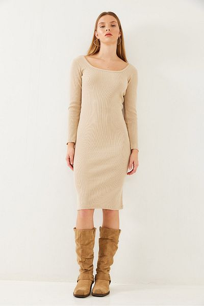 Bianco Lucci Women's Square Collar Long Sleeve Basic Ribbed Dress 2200 60351042
