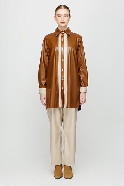 Esswaap Color Garnished Snap Closure Leather Tunic Tan