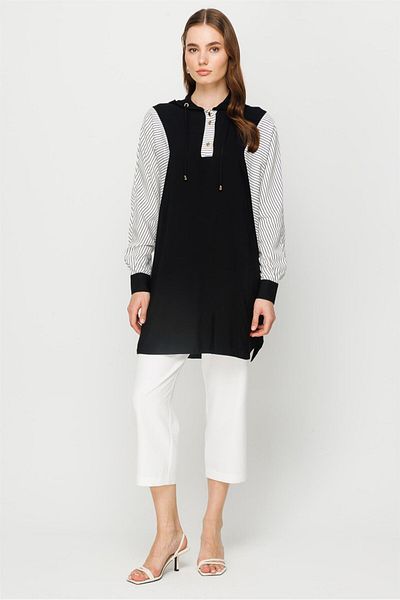 Esswaap Garni Detailed Comfortable Fabric Hooded Tunic Black