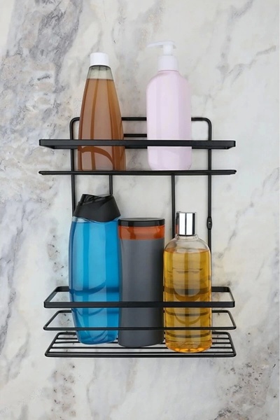 Evistro Banyo Köşe Rafı 2 Katlı Siyah Şampuanlık Duvara Monte Vidalı