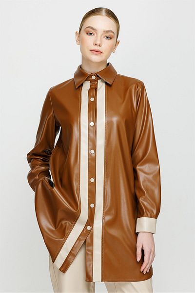 Esswaap Color Garnished Snap Closure Leather Tunic Tan