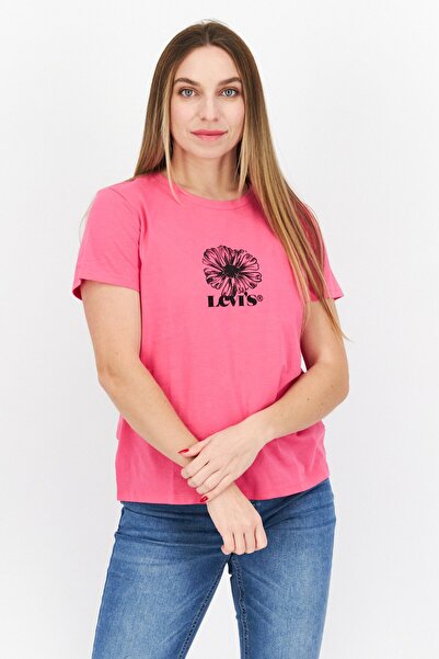 Levi's تي شيرت نسائي مطبوع بأكمام قصيرة ورقبة دائرية، وردي