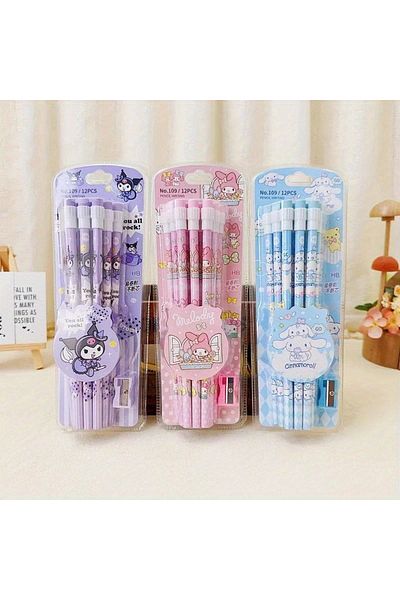 Choice B-cinnamoroll Set 12pcs Cinnamoroll Kuromi Cute Cartoon Hb Pencils, 12 Pencils & 1 Pencil Roller St