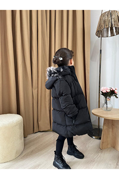 OZED Kız Çocuk Siyah Içi Elyaflı Kapüşonlu Su Rüzgar Geçirmez Şişme Kışlık Mont