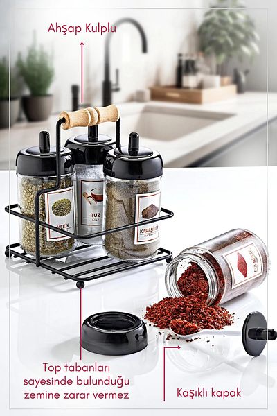 GRİMOR Life Glass Spice Jar Set with Metal Stand and 4 Spoons 300 cc - Flora Spice Set - With Label Gift