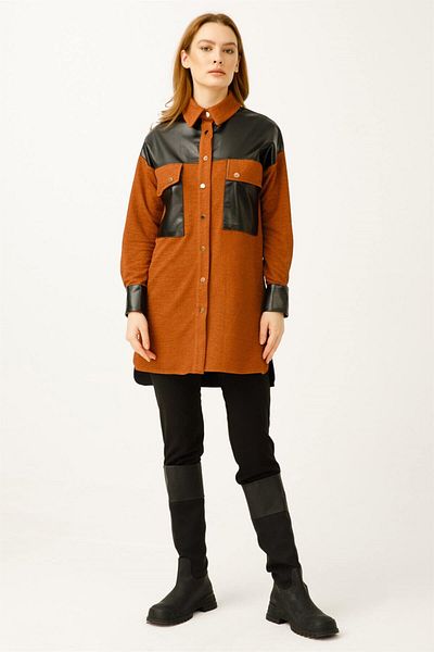 Esswaap Leather Detailed Snap Closure Tunic Tan