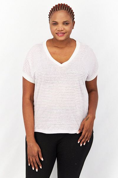 Esprit Women V Neck Short Sleeve Stripe T-shirt, White