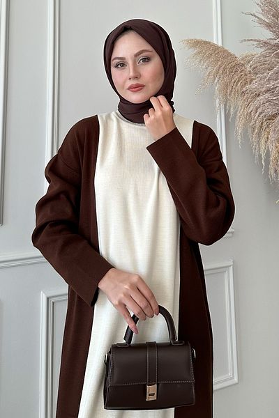 InStyle Λεπτομέρεια λουλουδιών Διπλό Χρώμα Bitter Brown Πλεκτό Φόρεμα
