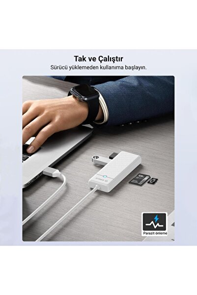 Orico Type-c To 3.0 Tf Sd Kart Okuyucu 3 Portlu Usb 3.0 Çoklayıcı Adaptör Beyaz